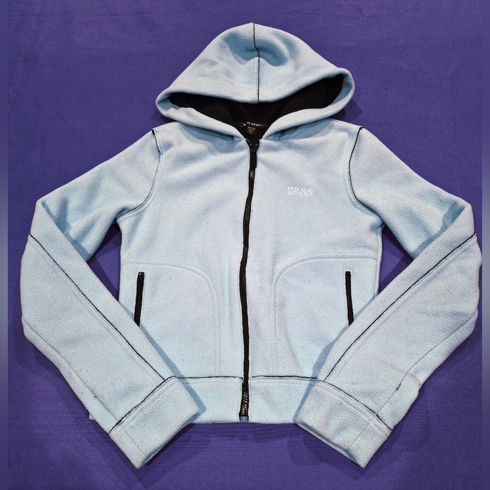 Bebe Sport Logo Black/Sky Blue Full Zip Hoodie Jacket - XS.